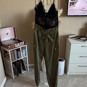 Fashion Nova Black Lace and Olive Jumpsuit